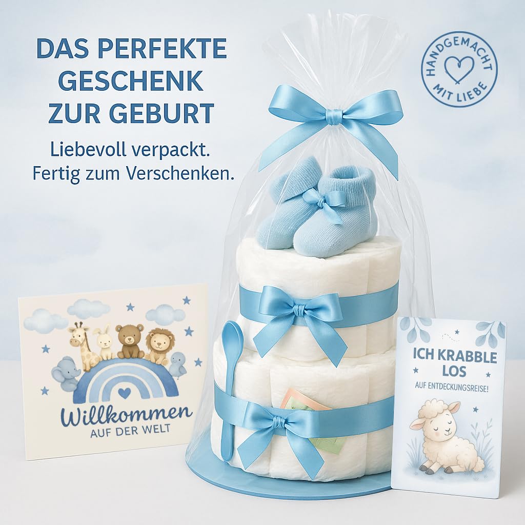 Torta di pannolini da ragazzo a 2 piani in blu con calzini, regalo per nascita per mamma, battesimo o baby shower, idea regalo con pannolini neonati, biglietto di auguri incluso