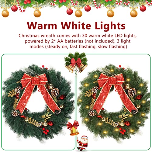 Christmas Wreath With Hanger, 20 Inch Artificial Christmas Wreath Decorations Wreaths With Led Lights Pine Needles Pine Cones Berry Clusters Red Bow Ball Ornaments For Front Door Window Fireplace #TOP1