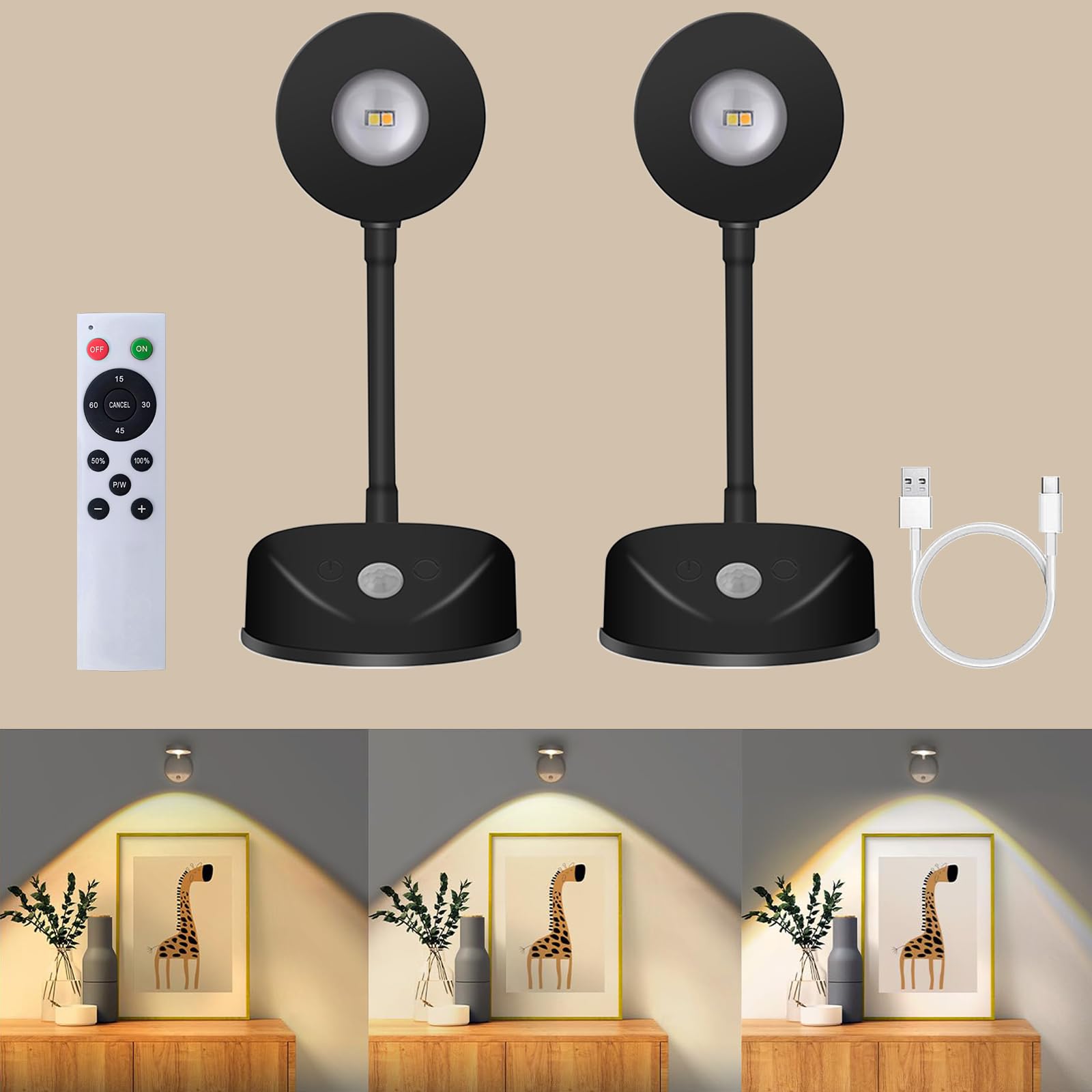 2PCS LED Motion Sensor Night Light, Rechargeable 2200mAh Wall Sconce, Picture Light with Dimmable 3 Color Temperature, 360°Rotation Wireless Spotlight for Wall Stair Kids Room Bedroom Hallway - Black