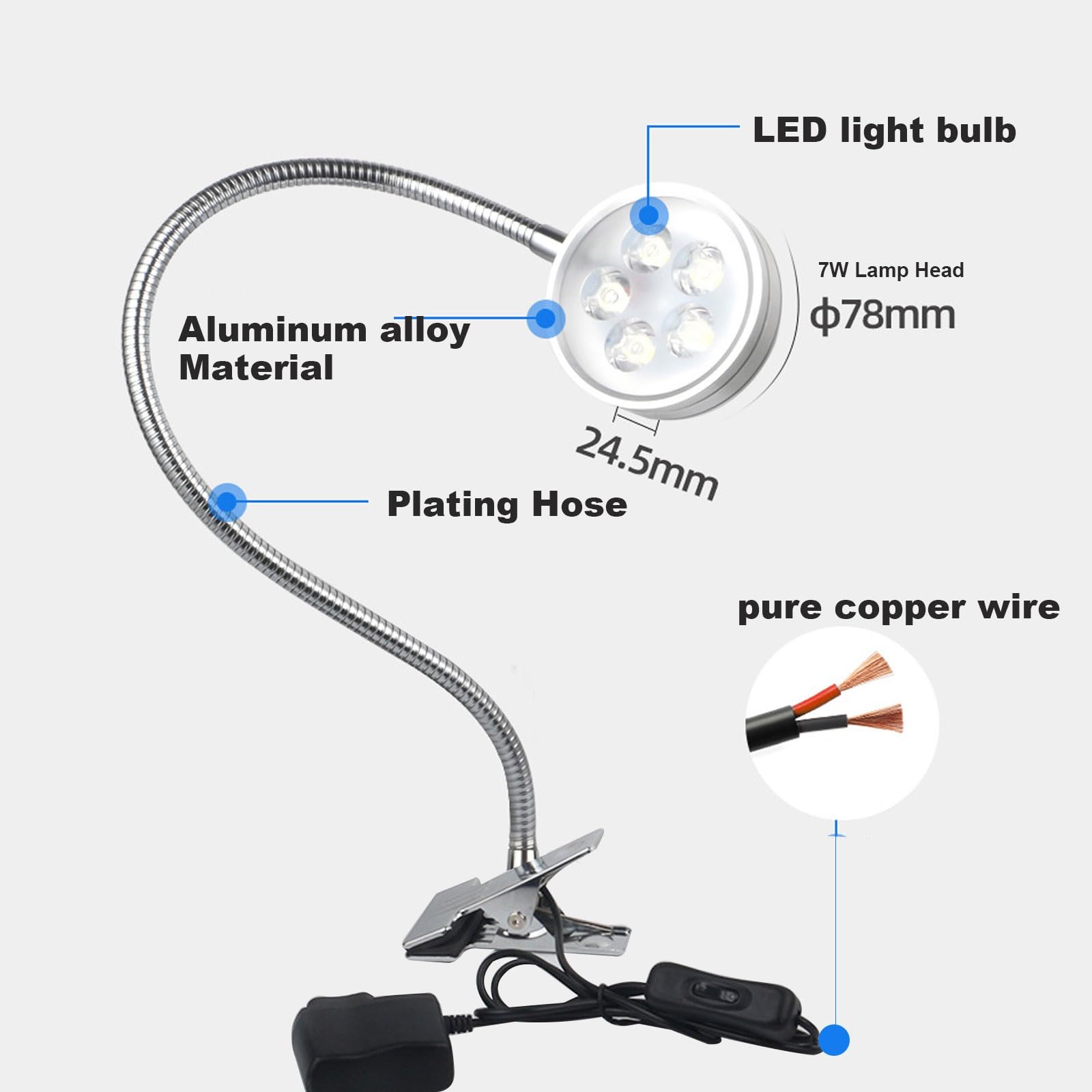 3/7W Elastyczna lampa robocza z gęsią szyją Wodoodporna lampa maszynowa, lampa robocza LED ze przełącznikiem, przemysłowe reflektory oświetleniowe z podstawą zaciskową, oświetlenie