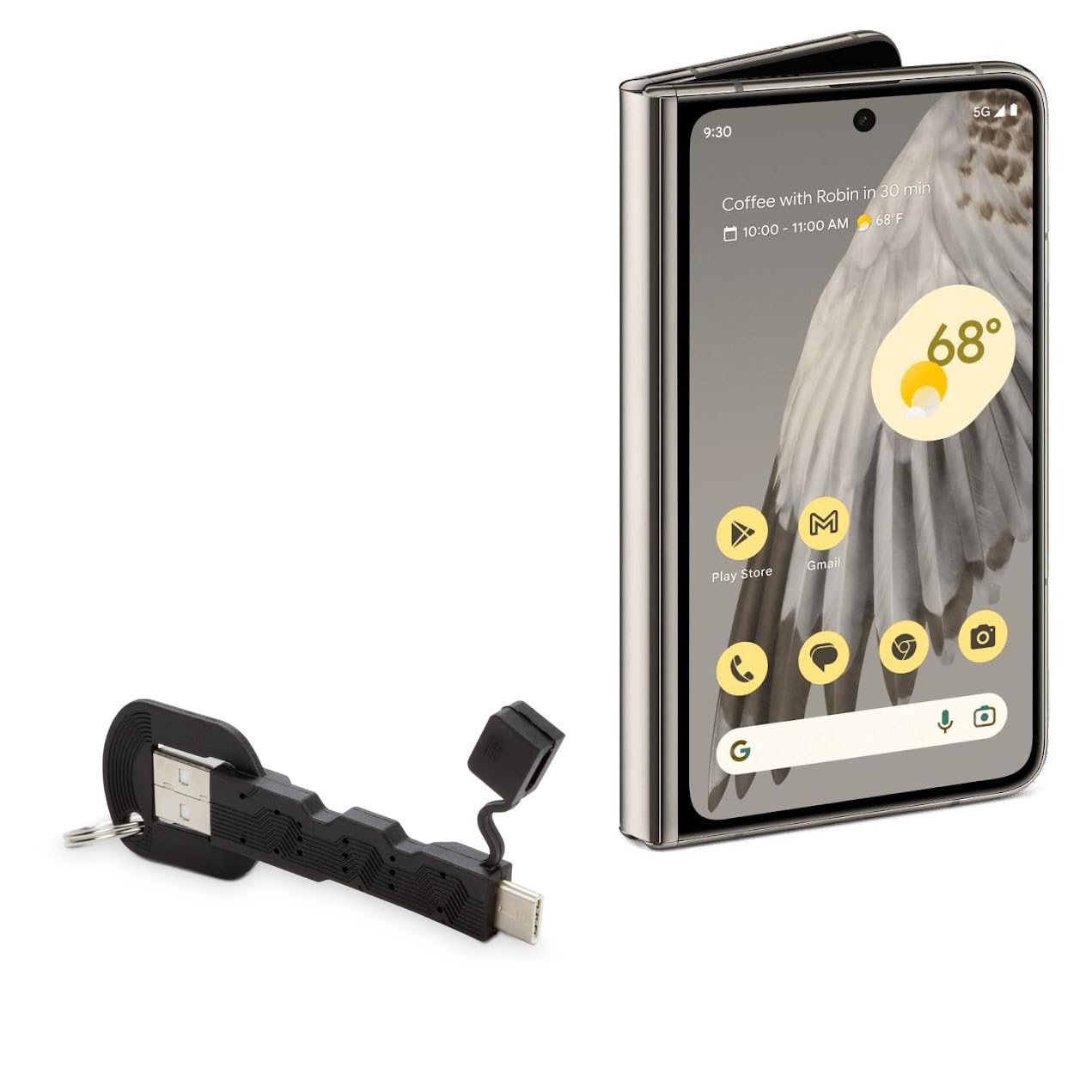 BoxWave Cable Compatible with Google Pixel Fold - USB Type-C Keychain Charger, Key Ring USB Type-C to Type-A 8 in USB Cable - Jet Black