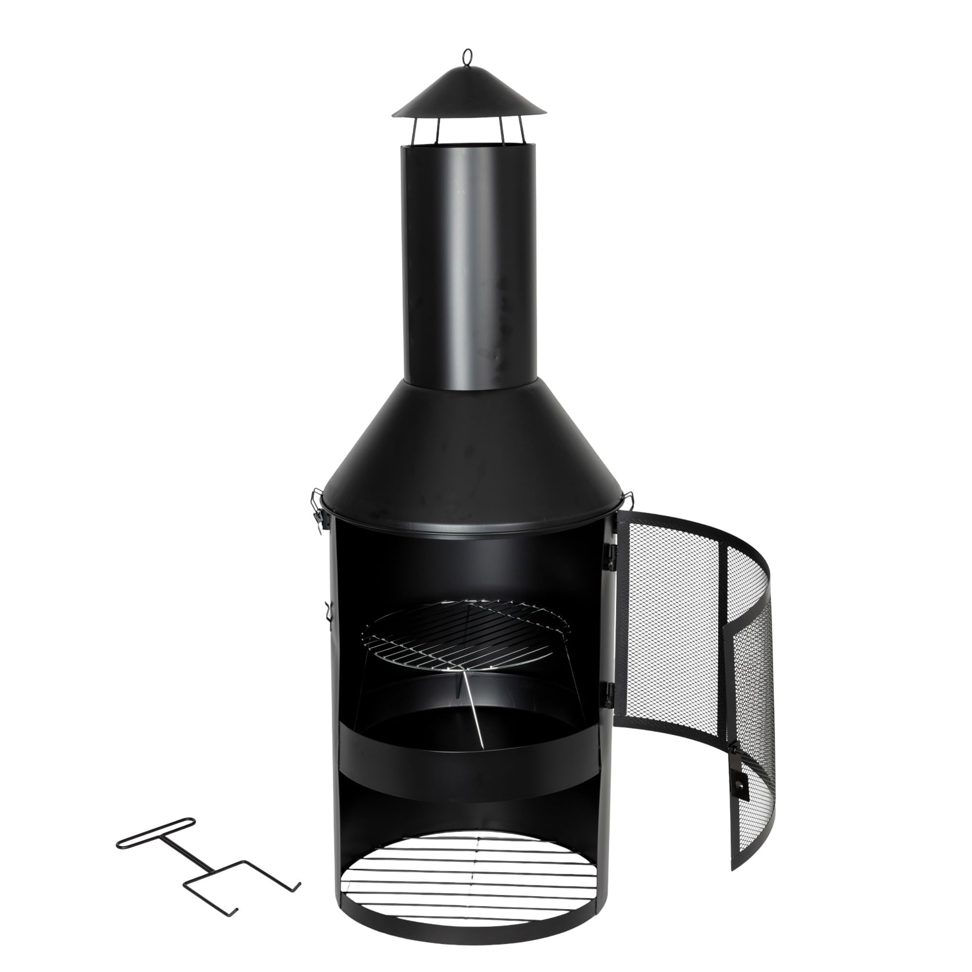 Gartenkamin 134 cm Feuerstelle Terrassenkamin Grill Holzkohle Feuerkorb | BURI Holzlager pulverbeschichtet mit Grillrost und Gabel für Terrassenofen, Gartenfeuer und praktische Outdoor-Nutzung