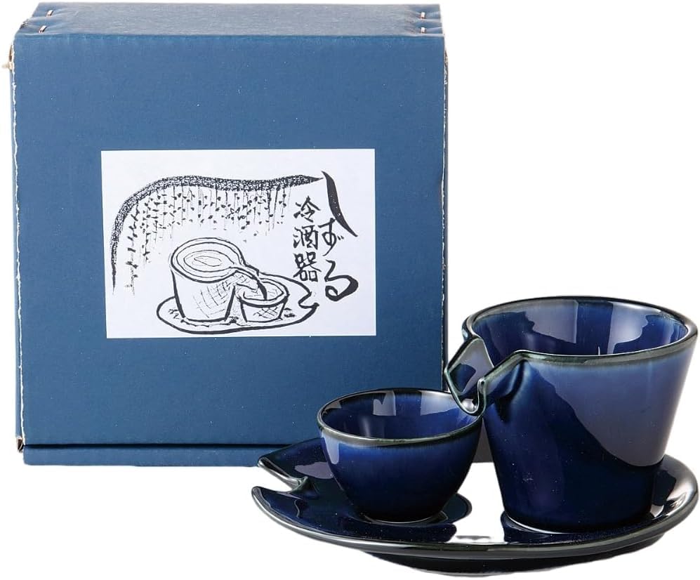 Mino Ware Eggplant Blue Shizuru Cold Sake Set Cooler Cup Saucer Japan
