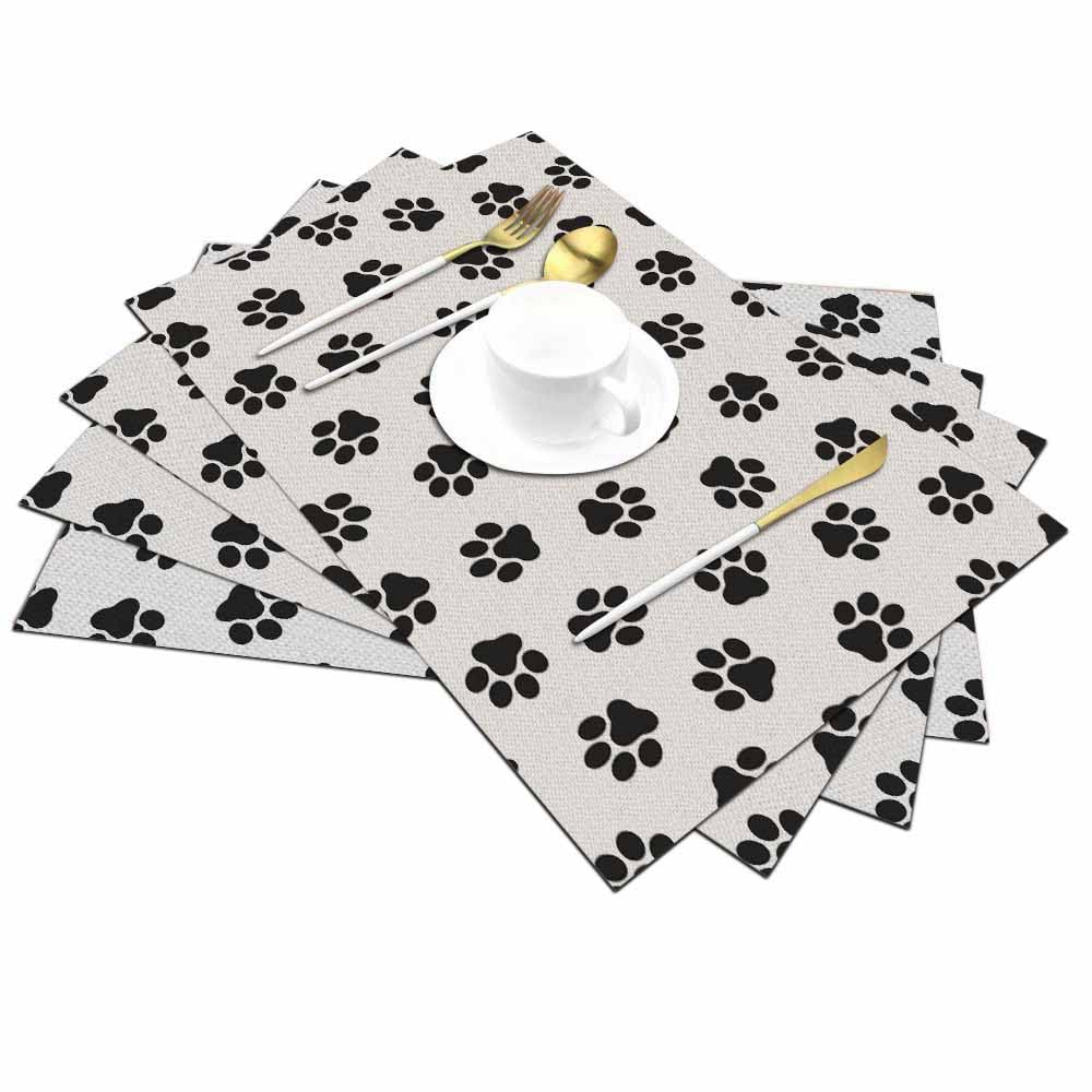 Walmsco Placemats Black Cat Paw Print Decor For Dining Room Kitchen Table,Waterproof Non-Slip Washable Heat Resistant Placemats,Set of 4,12"x18" - Image 2