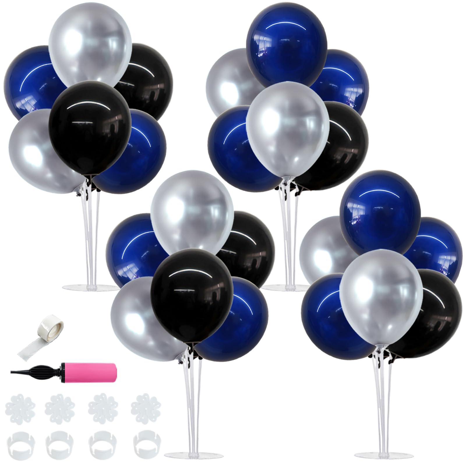 TONIFUL 4 Set Black and Blue Silver Balloon Centerpieces for Table,Balloon Stand Kit for Graduation Decorations 2026,Blue Party Decorations,Retirement