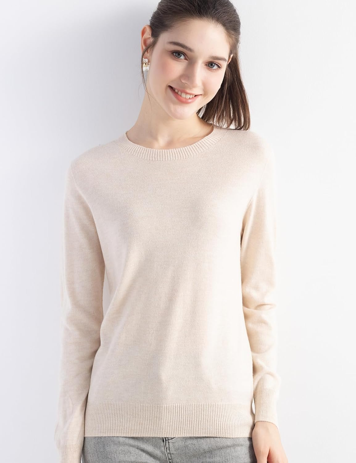 Women's Merino Wool Blend Sweater Fall Winter Crew Neck Long Sleeve First-Line Ready to Wear Seamless Knit Sweater - Image 2