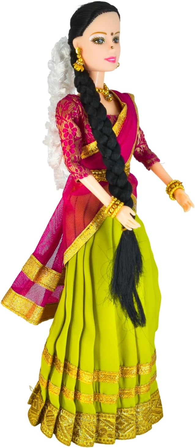Maalona | Sangeetha | Indian Doll for Girls | South Indian Doll in Traditional Silk Saree with Bindi & Jewelry | Cultural Gift for Kids | 11.3 Inch, Green & Pink