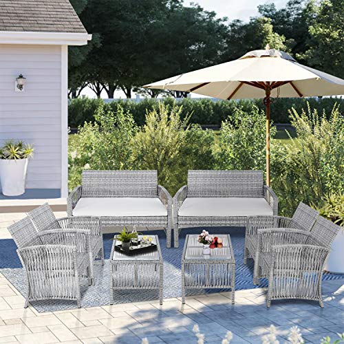 Merax Patio Conversation Set Outdoor 8 Piece Wicker Furniture Set Rattan Bistro Sets with Coffee Table & Weather Resistant Cushions (Grey)