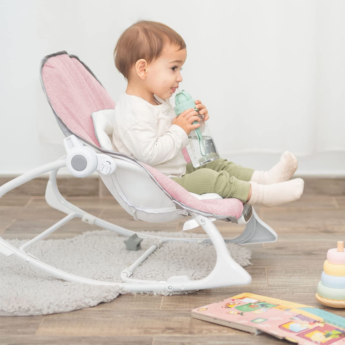 Olmitos- Hamaca multifunción para bebés - Hamaquita 2 en 1 con balancín Mecedora de 0 a 18 kg - vibración y Sonido - Incluye Arco de Juguetes (Rosa)