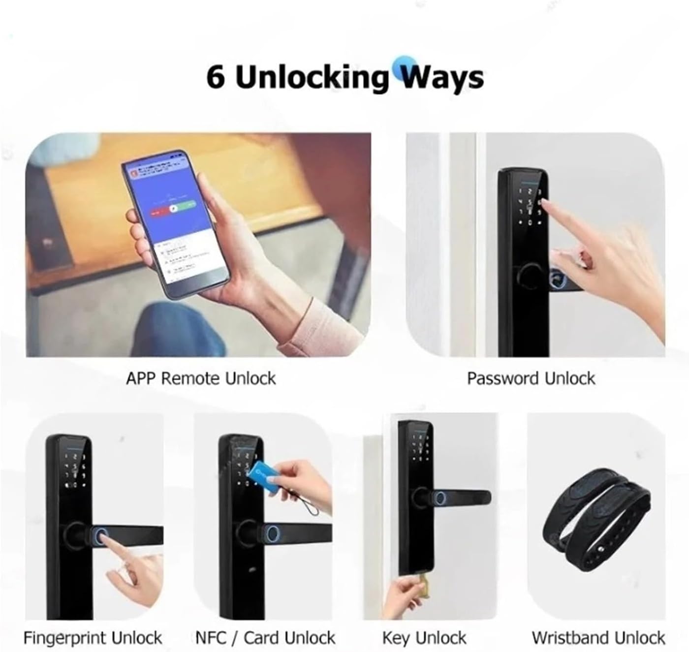 Six panels illustrating different unlocking methods: APP Remote Unlock (smartphone screen), Password Unlock (hand entering code on keypad), Fingerprint Unlock (finger on sensor), NFC / Card Unlock (card near sensor), Key Unlock (key in lock), and Wristband Unlock (wristband near sensor).