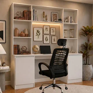 Escrivaninha com Estante Escritório 2 Portas e 5 Prateleiras Smart Multimóveis Mp6075 Branco