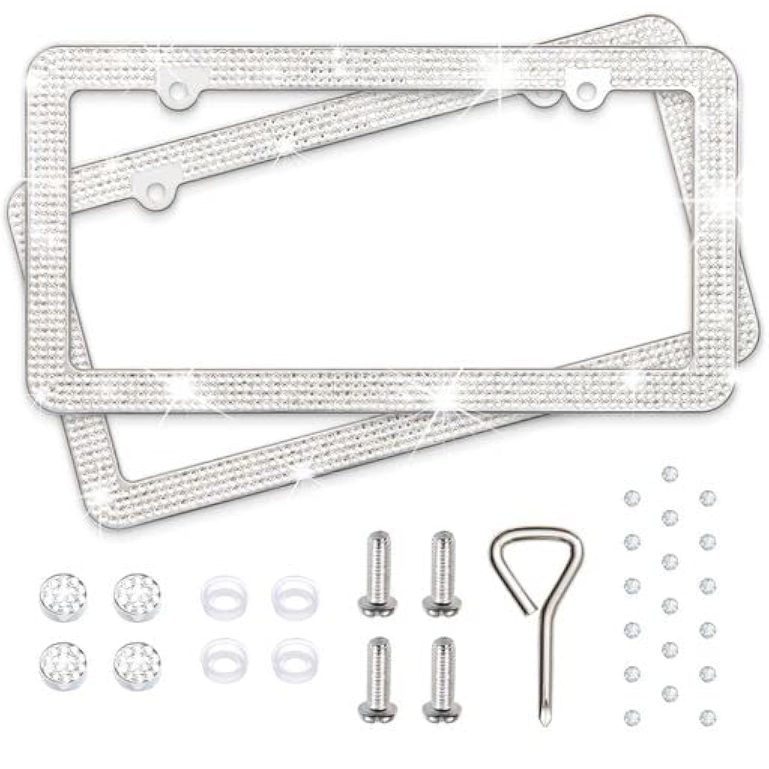 Diamond Rhinestone Bling License Plate Frames for Women, Men - 2 Pack Handcrafted Bedazzled License Plate Cover with Glittery Crystal Screw Caps Stainless Steel - Sparkle Car License Plate Frame White