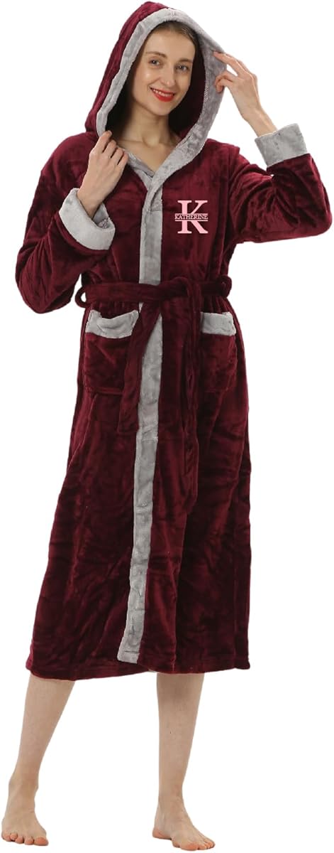 Personalized Hooded Plush Robe for Women and Men - His and Her Robes with Custom Name/Monogram - Soft Luxurious Spa Bathrobes