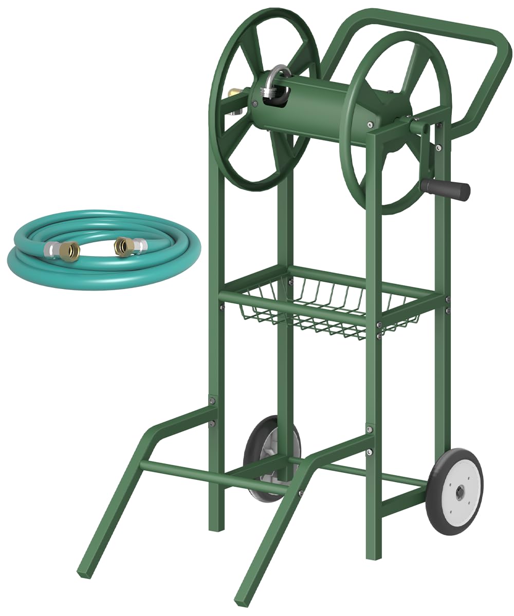 Artigarden Carrello avvolgitubo con 2 ruote, supporto per tubo dell'acqua da giardino, resistente in acciaio verniciato a polvere, per esterni, contiene tubi da 38,1 m 5/8" con cestino e tubo da 1,2 m