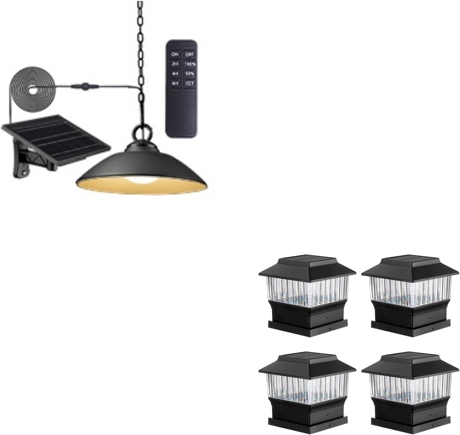 8 Inch 3 Modes Solar Pendant Lights (1 Pack, Black) and 50 Lumen Solar Fence Post Lights (4 Pack, Black)