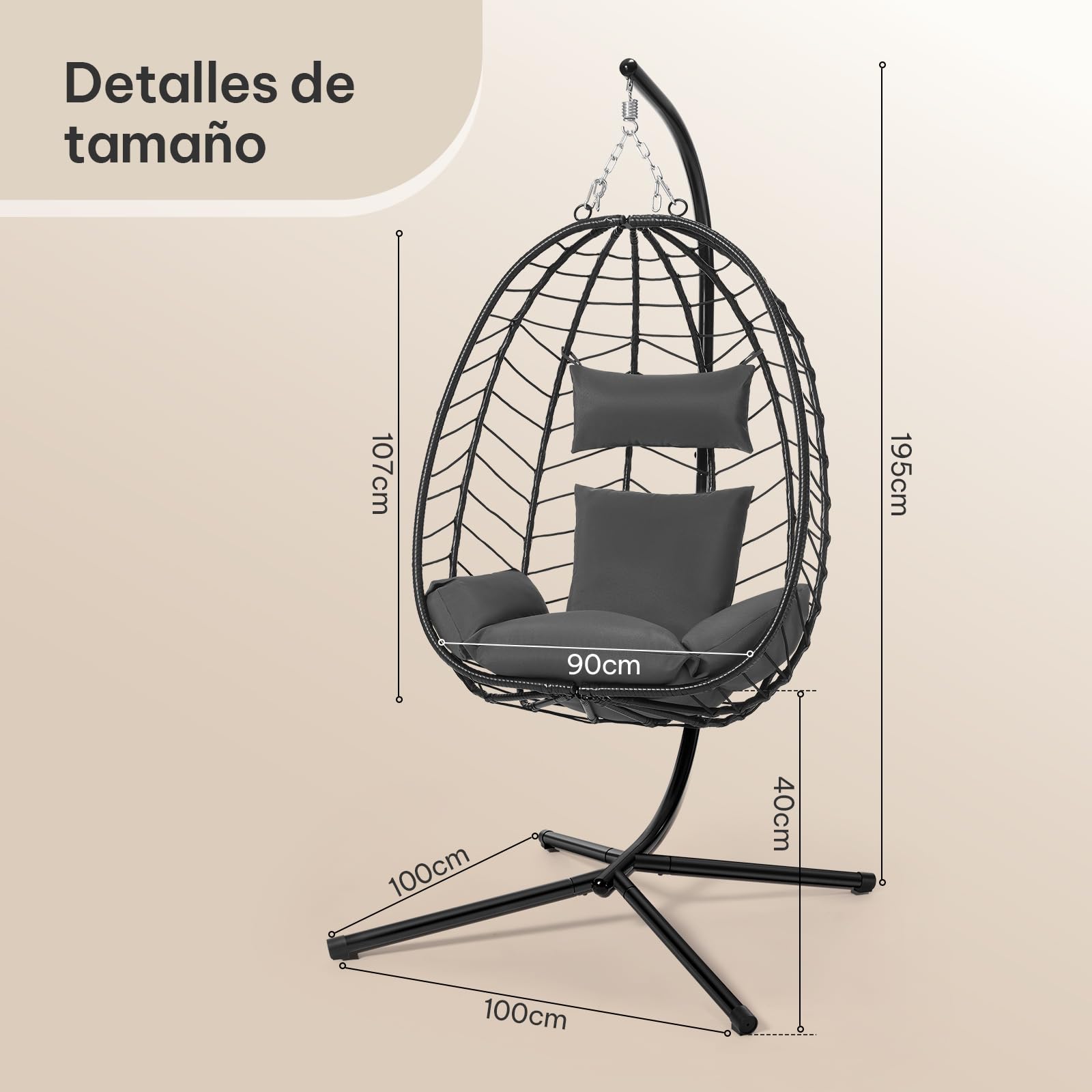 Laneetal Silla Colgante, Silla Huevo con Soporte, Columpio con Cojín y Reposacabezas, Carga 150 kg, PE Aspecto Ratán, Estructura de Metal, para Jardín Patio Terraza 102x100x196 cm, Gris Oscuro