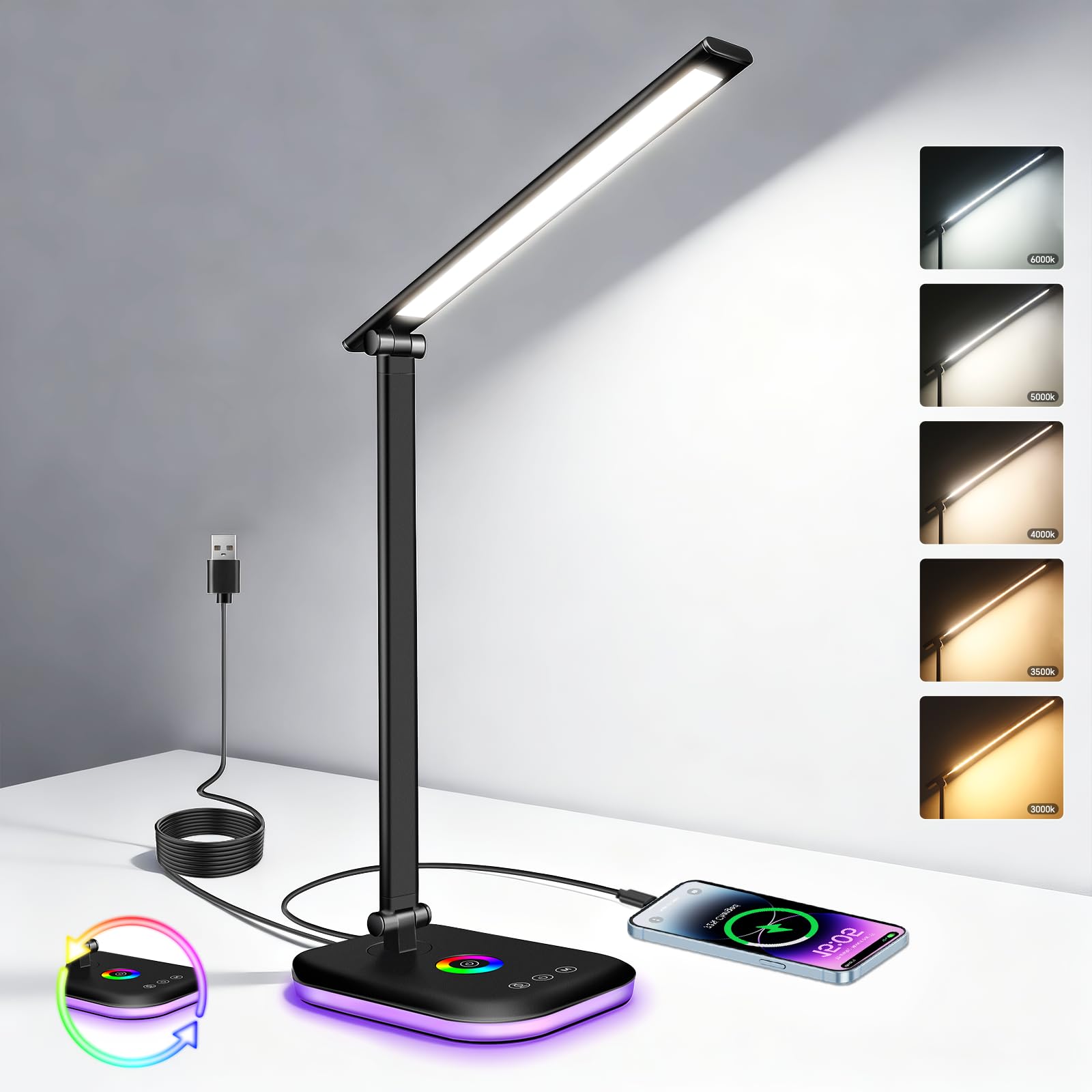 10W LED Desk Lamp with RGB Night Light, 5 Colors Stepless Dimming Table Lamp with USB Charging Port, Touch Control, Memory Function, Bedside Mood Light, for office work, study, and reading, Black
