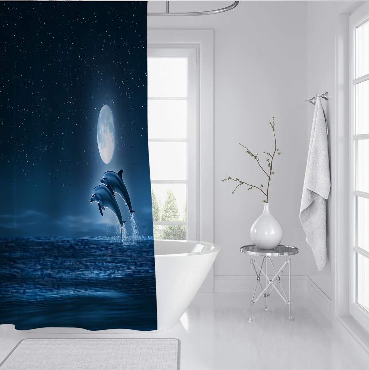 Moonlit Dolphins Design Ocean Night Magic i Celestial Marine wodoodporna zasłona prysznicowa poliester można prać w pralce 180 x 200 cm