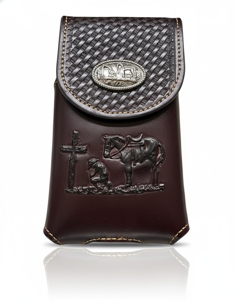 Western Stakes Western Leather Phone Belt Holster Cell Phone Case Phone Pouch Embossed Cowboy Tooled Cowboy Praying Concho Basketweave for iPhone