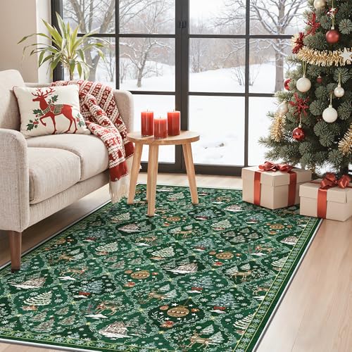 Madane Washable Christmas Rugs - 3x5 Non-Slip Lightweight Green Area Rug for Living Throw Small Soft Bedroom Rugs, Holiday Decor Carpet Accent Print Indoor Rug for Kitchen Dining Room