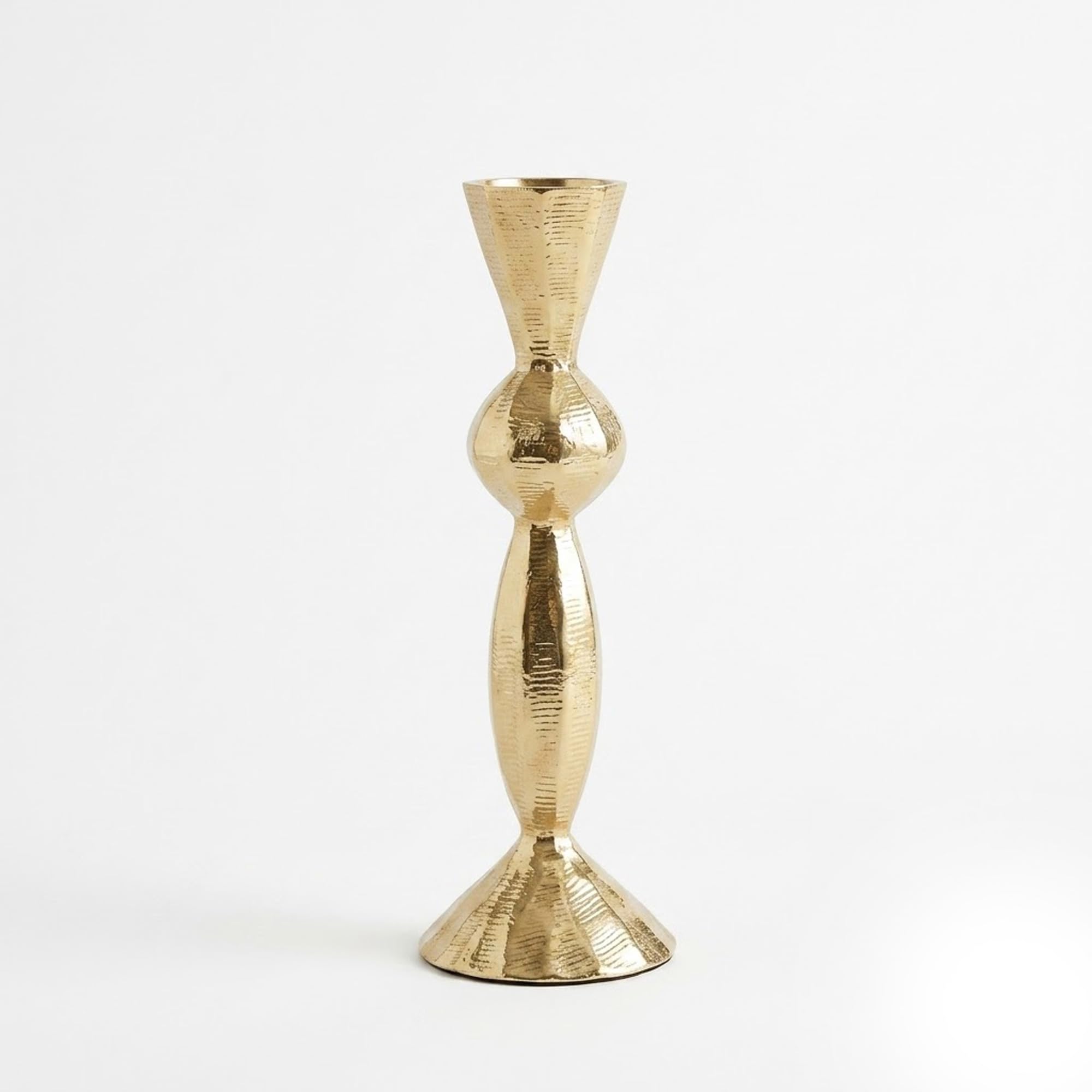IHI EST. 1986 Gold Candle Stand, 7.25 Inch Aluminum Taper Candle Holder, Sculptural Metallic Candlestick with Textured Finish for Dining Table Mantel and Shelf Décor