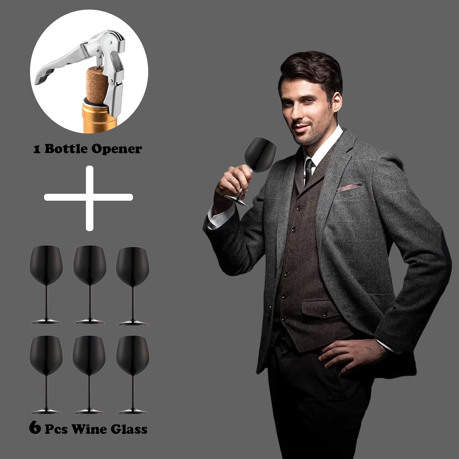 Stainless Steel Wine Glasses, Unbreakable Matte-Black Wine Glass 18 oz Unique Metal Wine Goblets for Outdoor, Travel, Camping, Pool, Ideal Gift for Wine Lovers (6 cups + 1 bottle opener) - Image 3