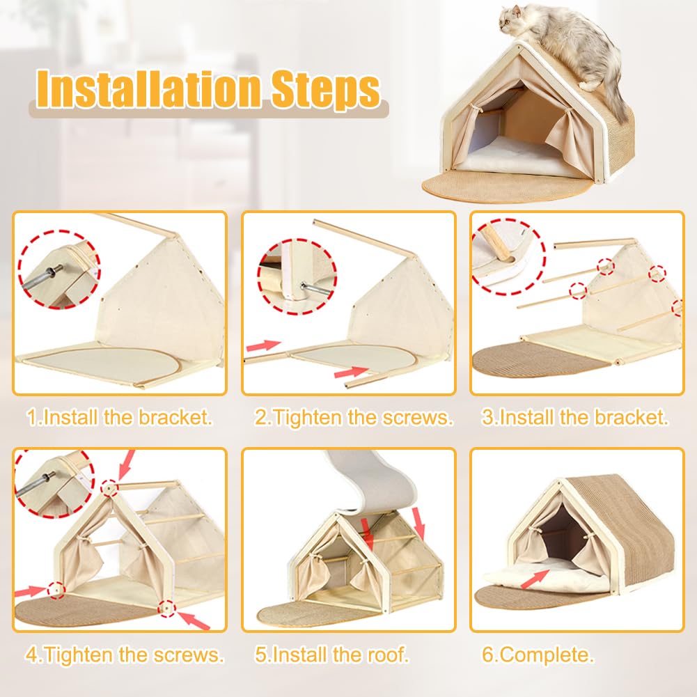 Casa para gatos, tienda de campaña para gatos, de sisal, 2 en 1, de madera, para interiores, casa para gatos con tabla rascadora para gatos de interior, cálido refugio para gatos