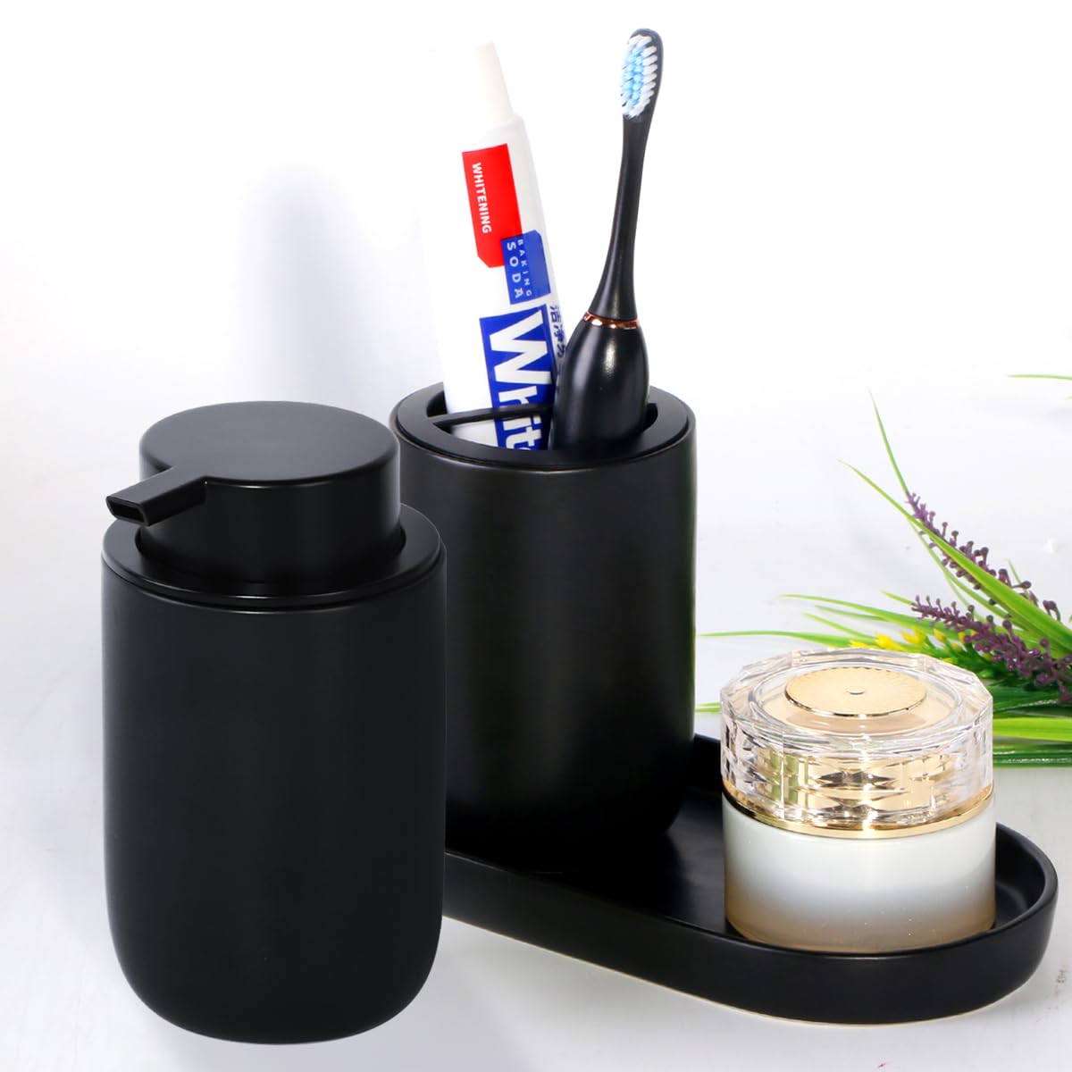 Fvstar Soap Dispenser and Toothbrush Holder Set,Foaming Hand Soap Dispenser with Large Pump,Toothbrush Toothpaste Holder with Divider, Matte Black Bathroom Accessories Set