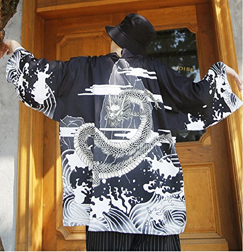 Men's Kimono Yukata Cardigan Casual Dragon Pattern Open Front Coat (Black, Large)
