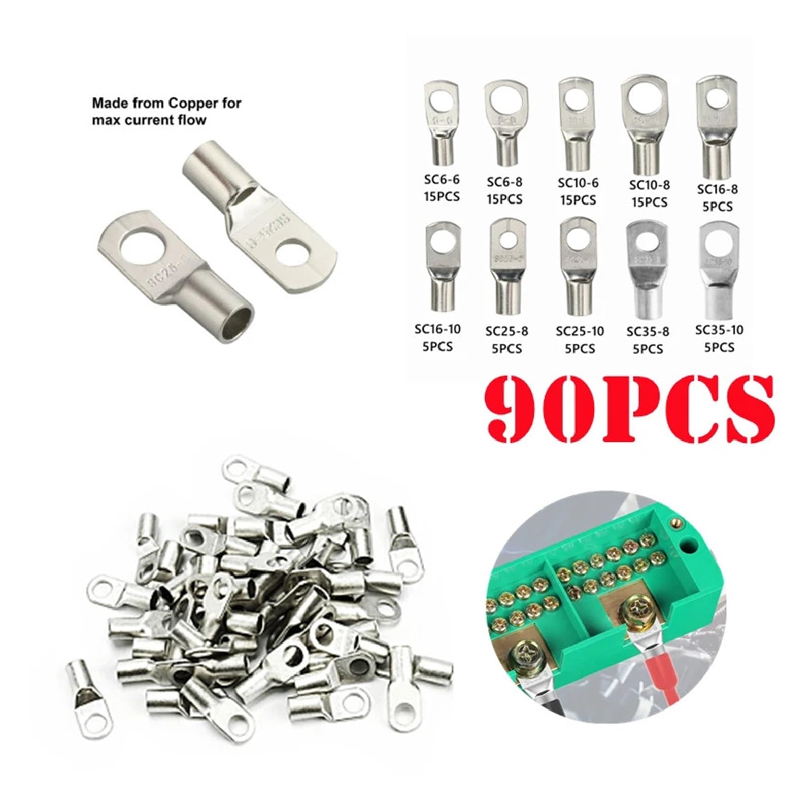 90Pcs SC6-35 Tinned Copper Ring Lug Terminal Battery Welding Connector Cable Wire Electrical Crimp Terminals