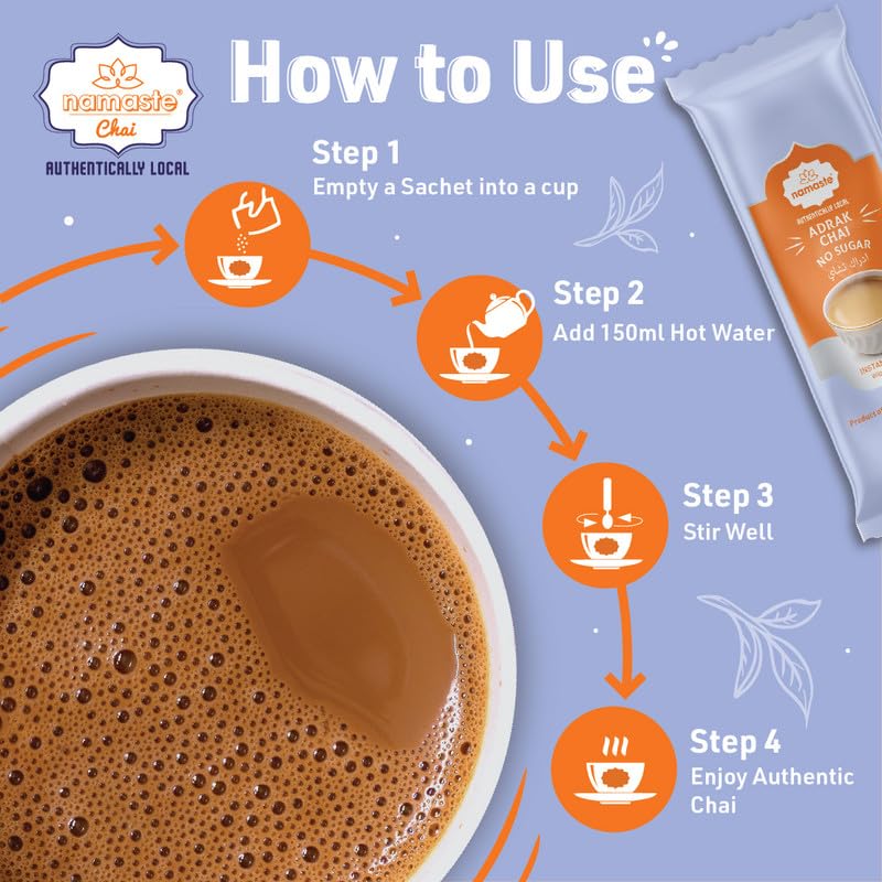 Image of Namaste Chai Ginger Tea Premix Without Sugar | Adrak Chai Instant Tea Premix | No Sugar Instant Tea Premix Sachets | Instant Adrak Chai Powder | Ginger Tea Ready Mix | 11g x 10 Sachets | Pack of 3