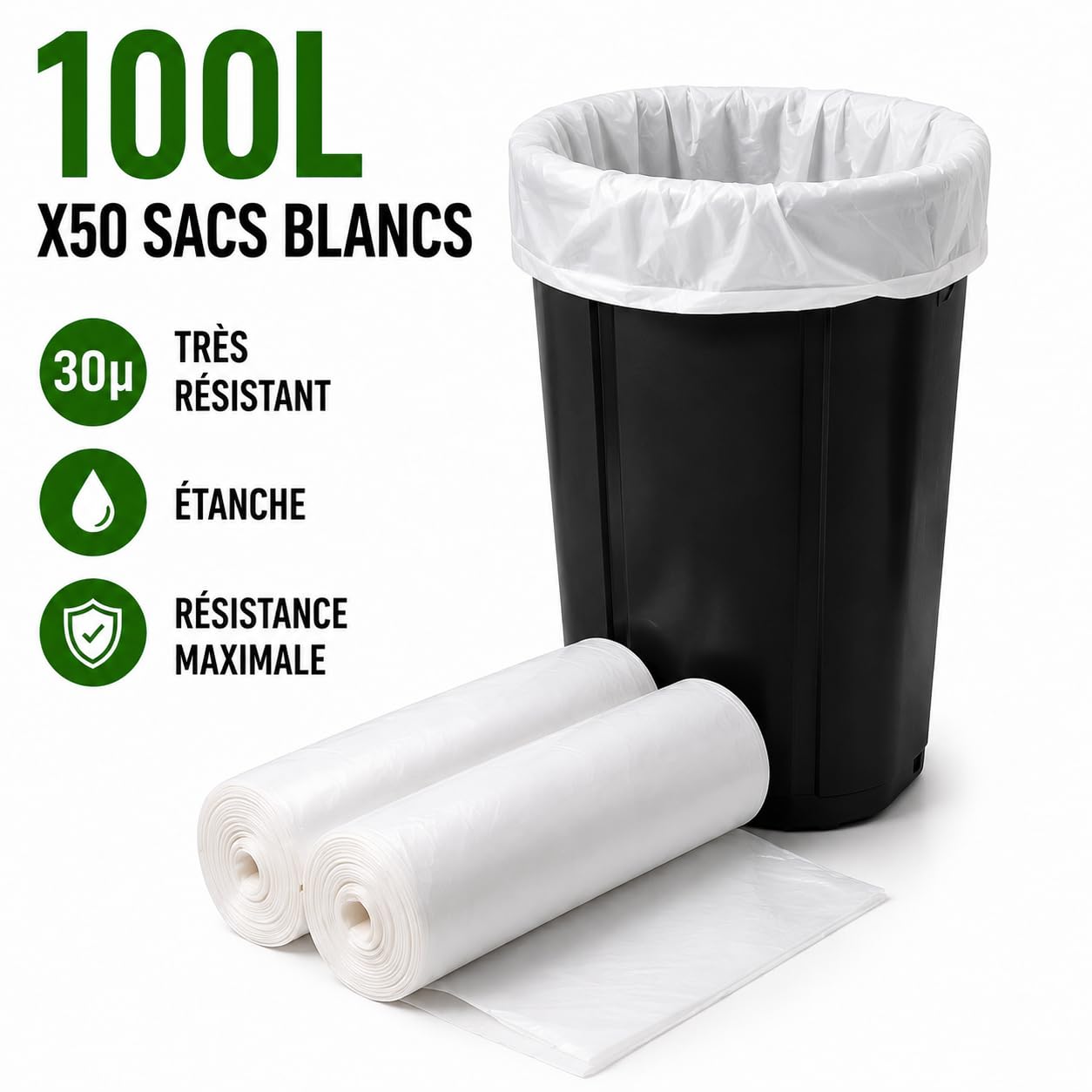 Bolsa de basura blanca 100 l | 50 bolsas de basura de 100 litros (2 rollos de 25 bolsas) | Muy resistente (30 µ) e impermeable | Residuos no alimentarios | Cierre de enlace para atar | Clasificación