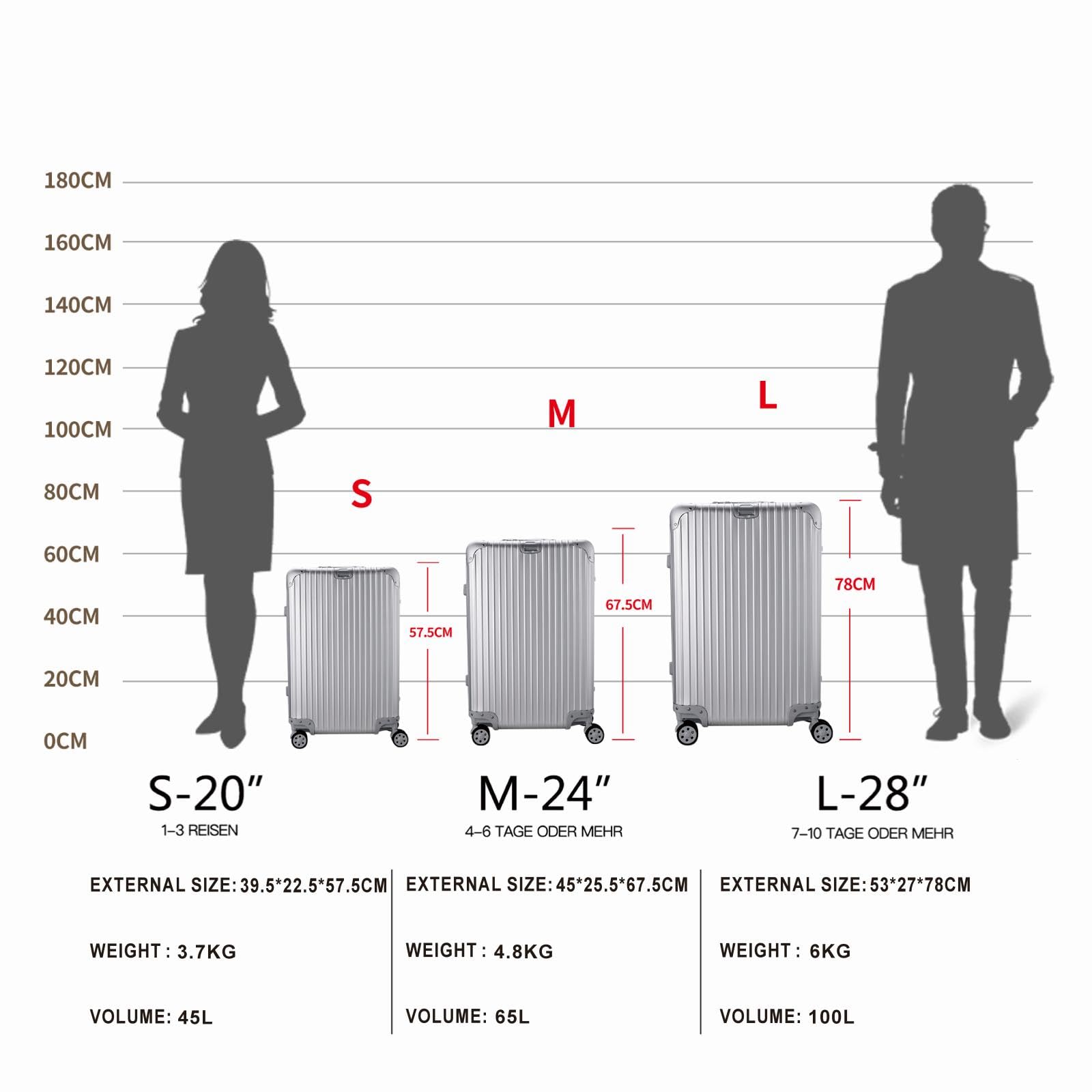 Aoliwei Valigia da viaggio in alluminio, con manico telescopico, TSA, 4 ruote, argento, m, Trolley rigido in alluminio con ruote orientabili