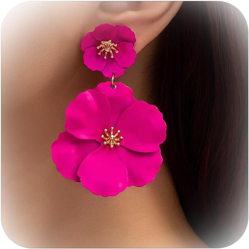 Hot Pink Flower Earrings for Women Summer Hawaii Tropical Flower Earrings Large Fuchsia Floral Dangle Earring Summer Beach Vacation Outfits Jewelry Accessories