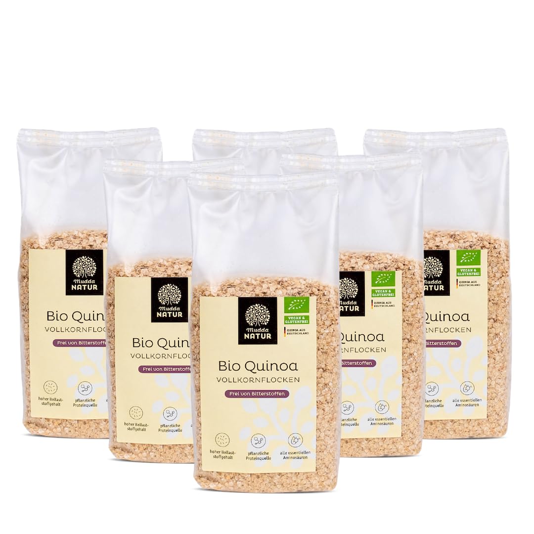 Mudda Natur Bio Quinoa Vollkornflocken (6x300g) - angebaut in Deutschland - glutenfrei & frei von Bitterstoffen, perfekt für Müsli, Porridge, Backen oder Bowls. Hochwertige pflanzliche Eiweißquelle.