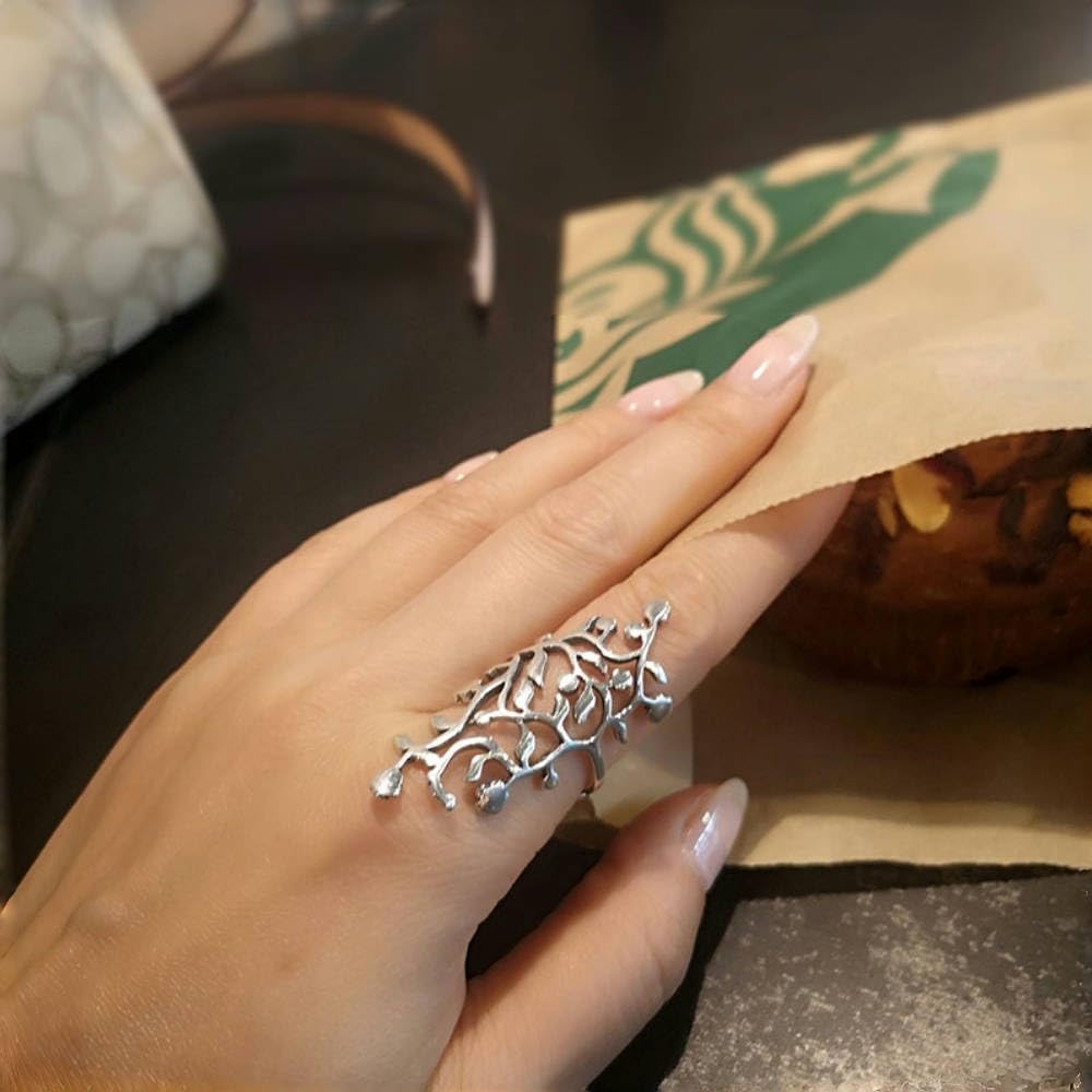 ForFox Anillo grande de hojas de árbol de plata de ley 925 para mujeres y niñas abierto y ajustable