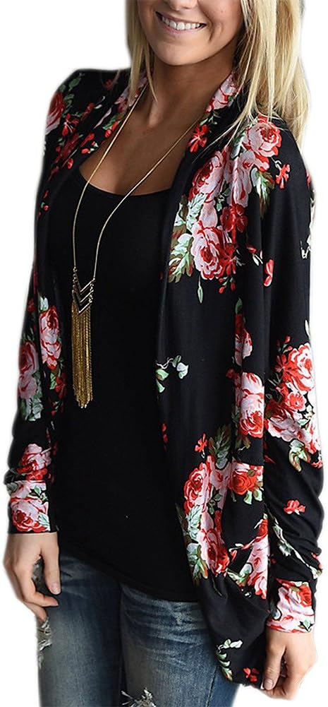 Kaoccy Women's Floral Soft Long Sleeves Open Front Fall Thin Coat Black S