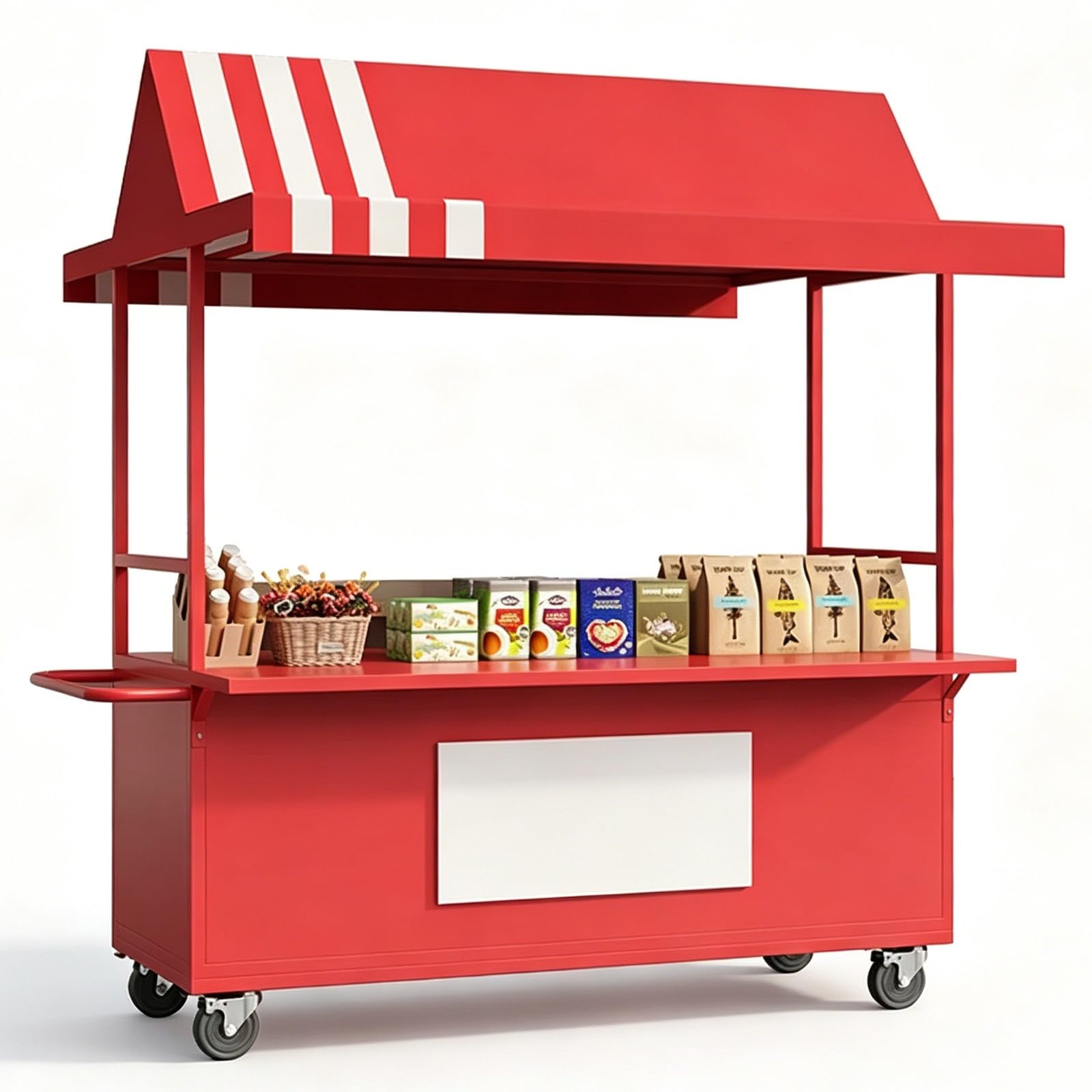 Food Vendor Cart, Market Stand with Canopy, Iron, Handrail, Lockable Wheels, for Market, Street Food & Pop-Up Events(Red,120cm/47in)