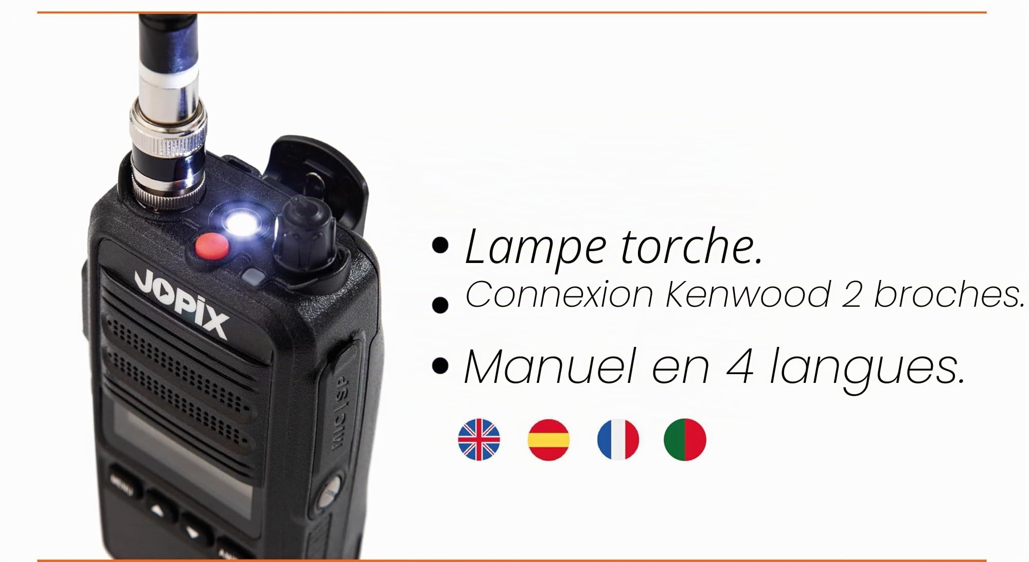 Jopix CB-80 Talkie-Walkie CB 27 MHz Portatif Multinorme (AM/FM) – Émetteur-Récepteur Portable pour Camion, Route et Convois – Batterie 2600mAh, Fonction VOX, Lampe LED