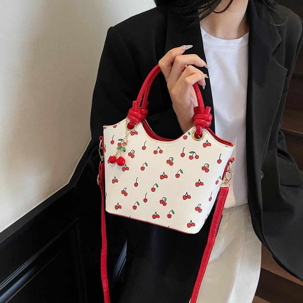 PU Leather Bucket Cherry Printed Crossbody Bag for Women Cute Y2K Top-handle Bag Fruit Print Small Tote Handbag Gifts - Image 2