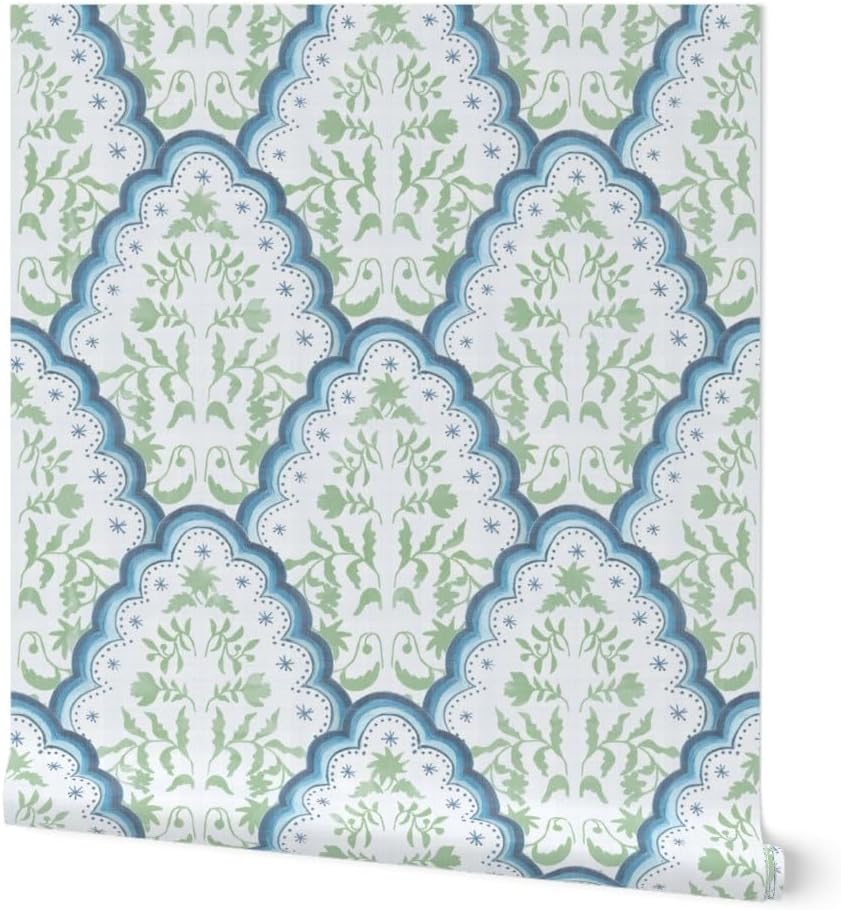 Removable Wallpaper Swatch - Scallop Botanical India Paisley Block Print Blue and Green French Country Custom Pre-Pasted Wallpaper by Spoonflower