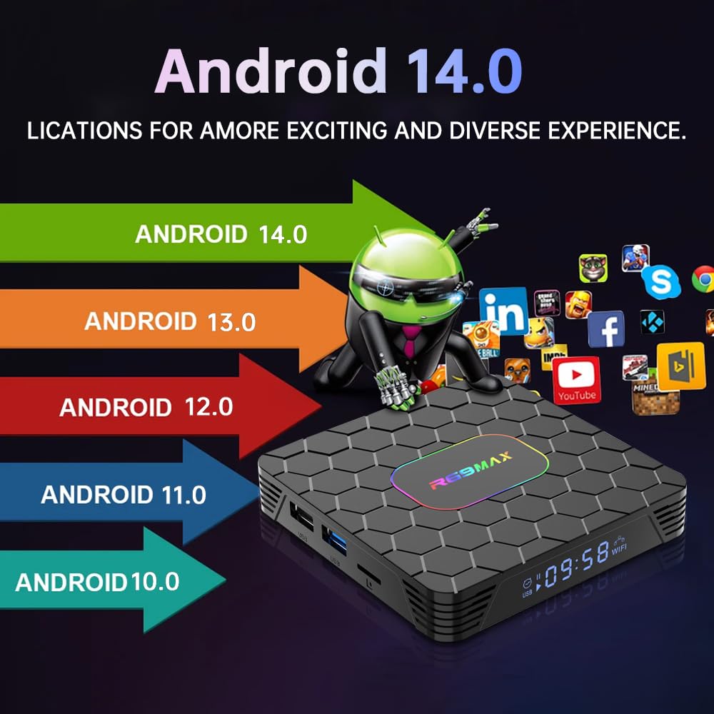 Android 14.0 TV Box, Box TV 4GB RAM 32GB ROM RK3528 Quad-Core Cortex-A53 8K Decoder, supporto 2.4G/5.0GHz Dual Wi-Fi 6 BT 5.0, USB 3.0/2.0, HDMI 2.0 Smart TV Box