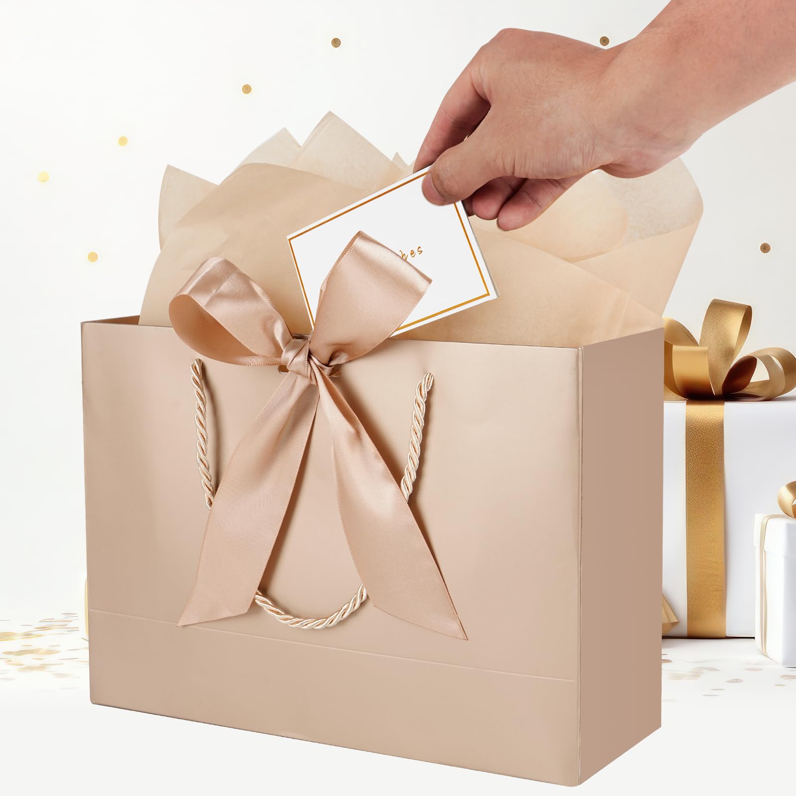 Gfractolux Large Gift Bags for Present, 1 Pcs Gift Bags for Women Men with Tissue Paper and Cards, Gift Bags for Birthdays, Baby Shower, Wedding, Anniversary 14.2" x 9.8" x 4.7" (Champagne)