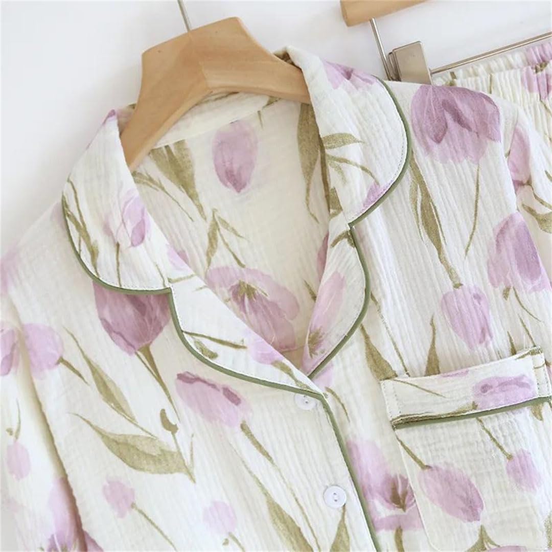Conjunto de pijama de algodón crepé floral para mujer, manga larga, cómodo para el hogar