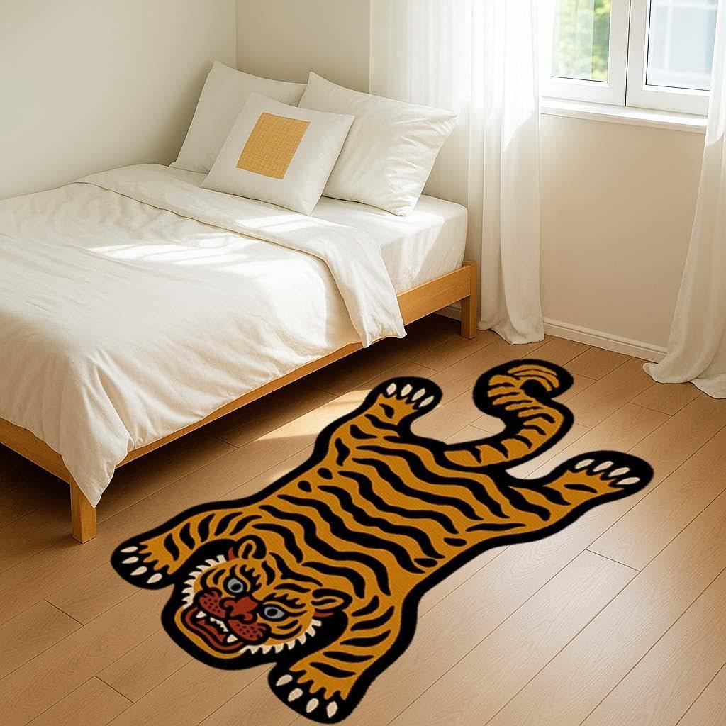 Tibetan Tiger Tufted Rug, 2x3ft Classic Boho Animal Carpet for Bedroom, Living Room, Entryway – Washable & Non-Slip Decorative Floor Accent