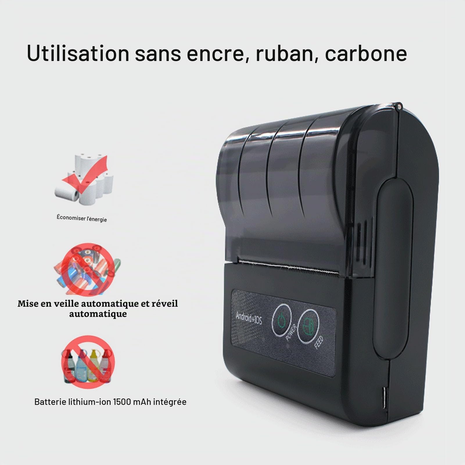 Bewinner Imprimante de Reçus Bluetooth, Imprimante Thermique Portable, Mini-imprimante de Tickets sans Fil avec Mise en Veille/réveil Automatique pour Les Ventes au Détail de Restaurants