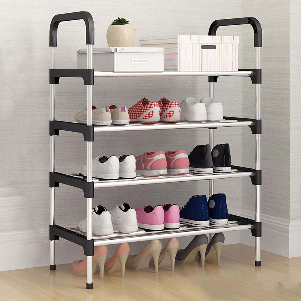 Organizador de zapatos de 4 niveles para puerta – Solución de almacenamiento compacta de metal para pasillo y sala de estar, 60 x 30 x 95 cm, elegante diseño negro, almacenamiento que ahorra espacio
