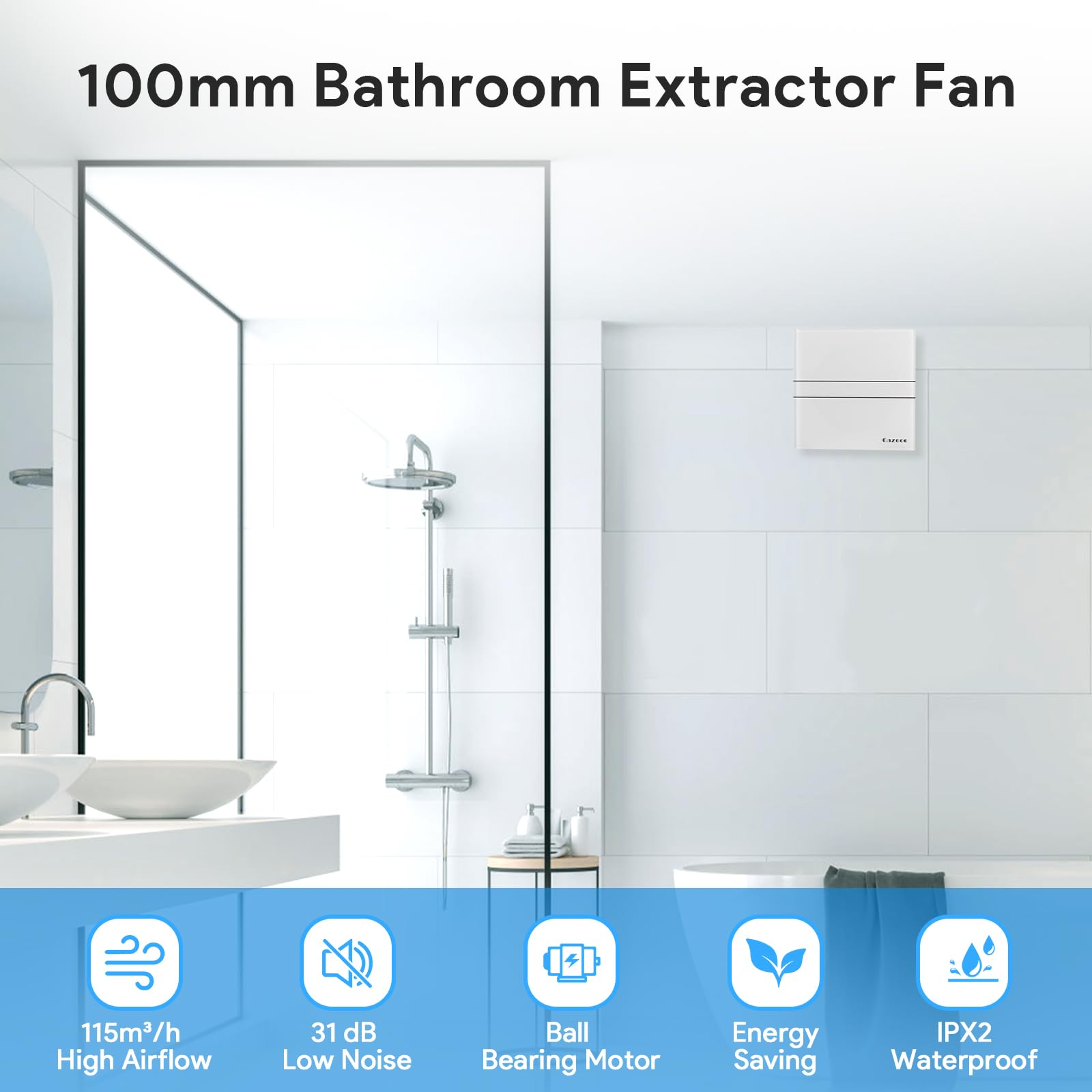 Cazooo 100mm Bathroom Extractor Fan, 115m³/h Beige Glass Silent Bathroom Fan with Backflow Flap - Image 3