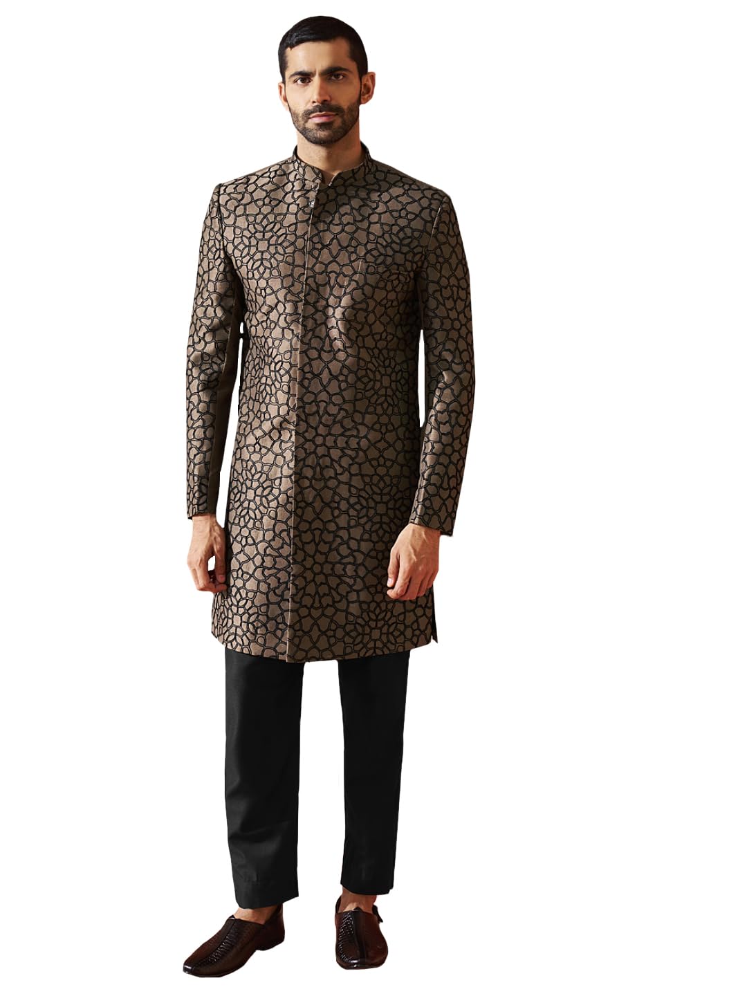 mens VASTRAMAY Men's Coffee And Black Silk Blend Sherwani Set-picture-35