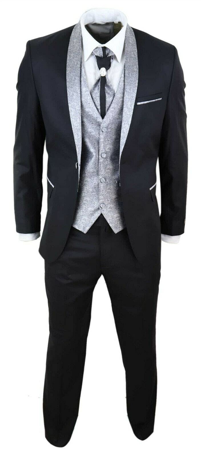 Tru Clothing Abito Completo Nero da Sposo con Chiusura a 2 Bottoni in 4 Pezzi con Colletto a Scialle e Cravatta, vestibilità su Misura, Stile Classico